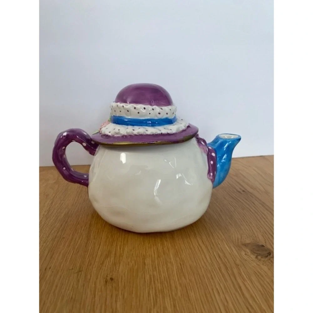 Bella Casa by Ganz Teapot Sun Hat Lid Purple Polka Dot Ribbon White Ceramic Good
